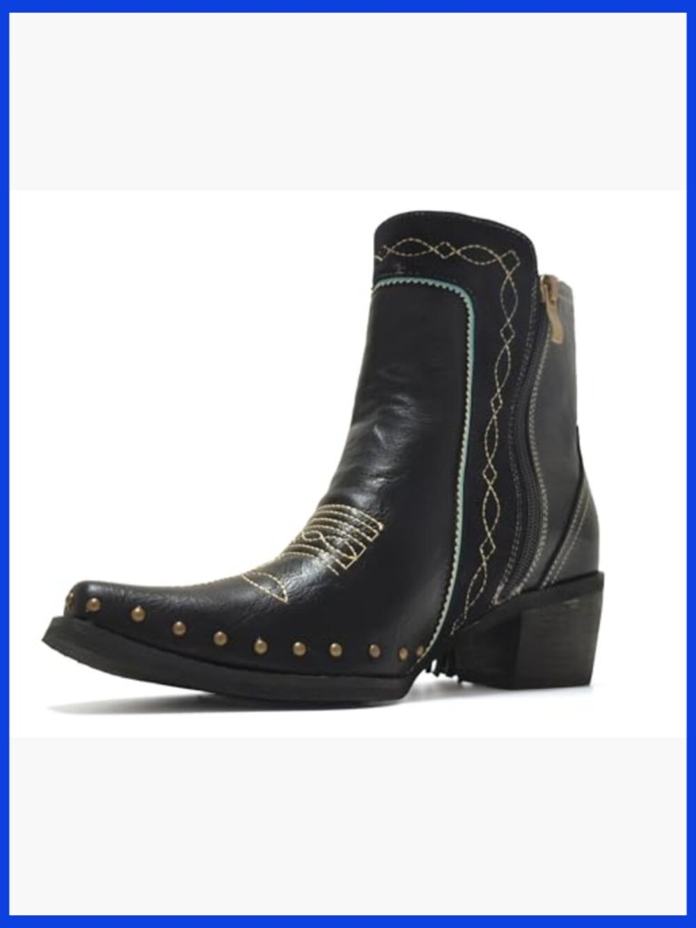 Fringe Studded Cowboy Ankle Booties with Turquoise Stones - Picture 5 of 7